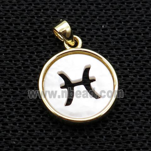 White MOP Shell Circle Pendant Zodiac Pisces Gold Plated