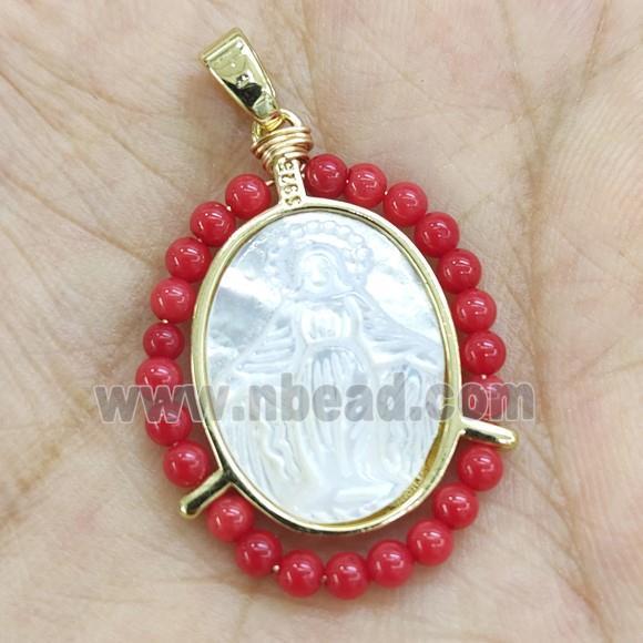 MOP Shell Virgin Mary Pendant With Red Lacquered Glass Gold Plated