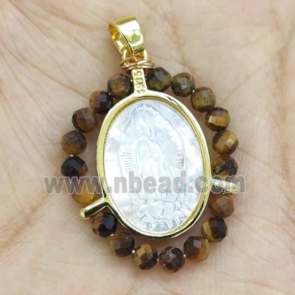 MOP Shell Virgin Mary Pendant With Tiger Eye Stone Gold Plated