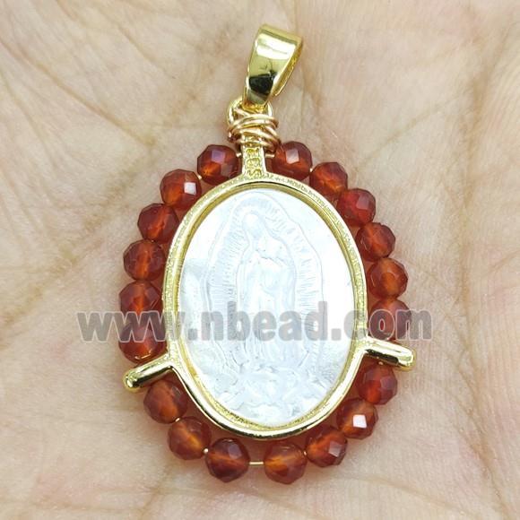 MOP Shell Virgin Mary Pendant With Red Crystal Glass Gold Plated