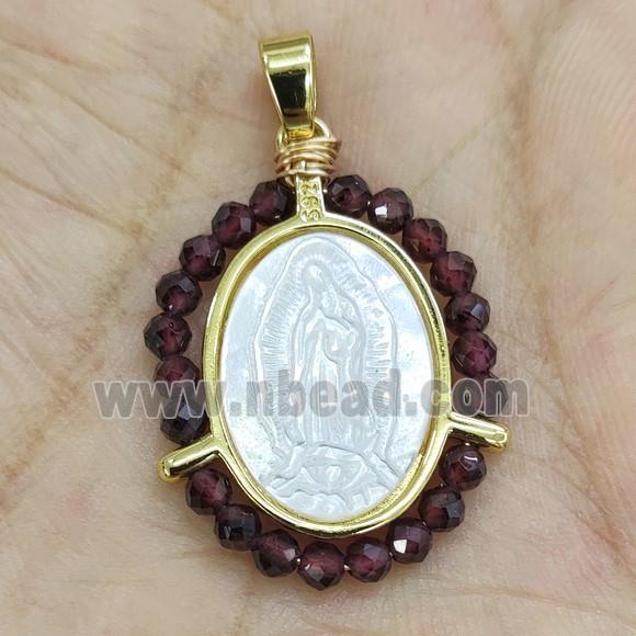 MOP Shell Virgin Mary Pendant With Purple Crystal Glass Gold Plated
