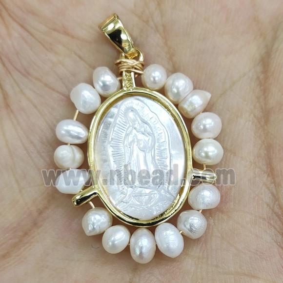 MOP Shell Virgin Mary Pendant With Pearl Wire Wrapped Gold Plated