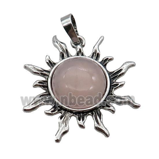 Pink Rose Quartz Sun Alloy Pendant Antique Silver