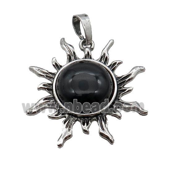 Black Onyx Agate Sun Alloy Pendant Antique Silver