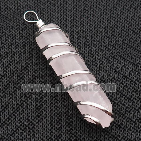 Pink Rose Quartz Bullet Pendant Wire Wrapped