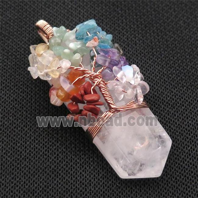 Clear Quartz Bullet Pendant Chakra Tree Rose Gold Wire Wrapped
