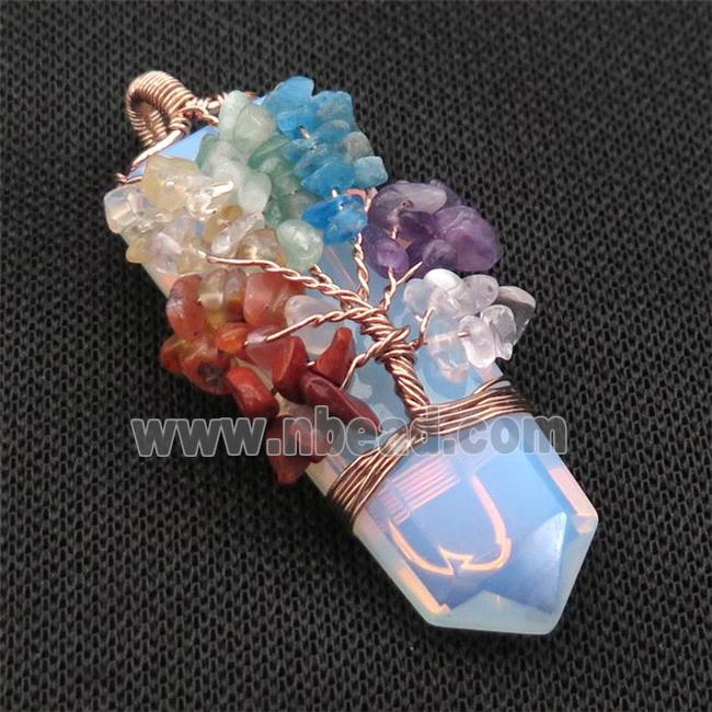 White Opalite Bullet Pendant Chakra Tree Rose Gold Wire Wrapped