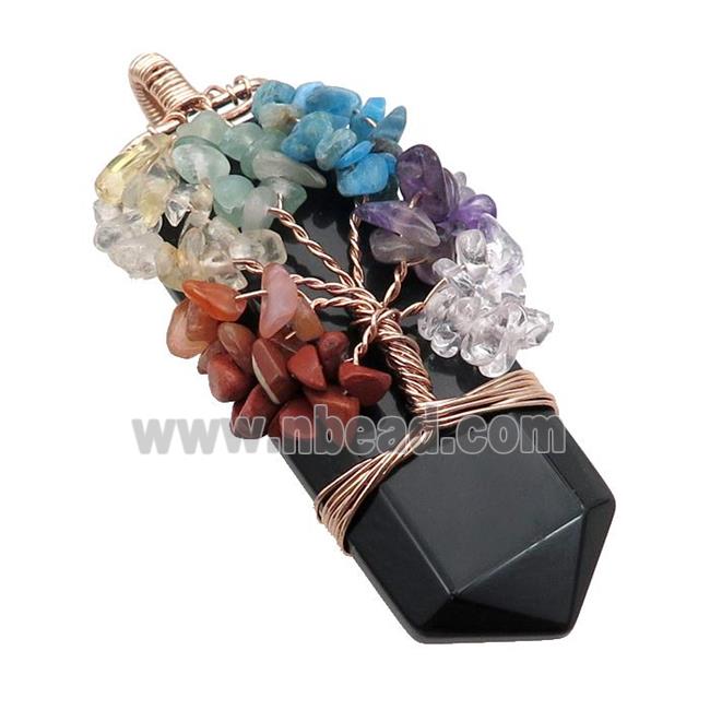 Black Onyx Agate Bullet Pendant Chakra Tree Rose Gold Wire Wrapped