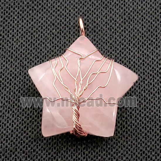 Pink Rose Quartz Star Pendant Tree Wire Wrapped