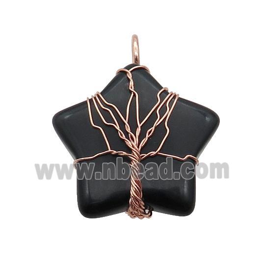 Black Onyx Agate Star Pendant Tree Wire Wrapped