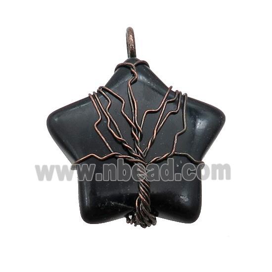 Black Onyx Agate Star Pendant Tree Wire Wrapped