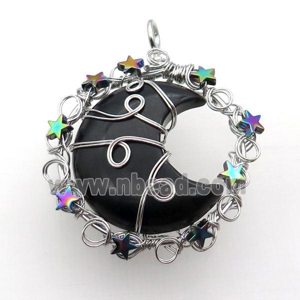 Black Onyx Agate Moon Pendant Wire Wrapped