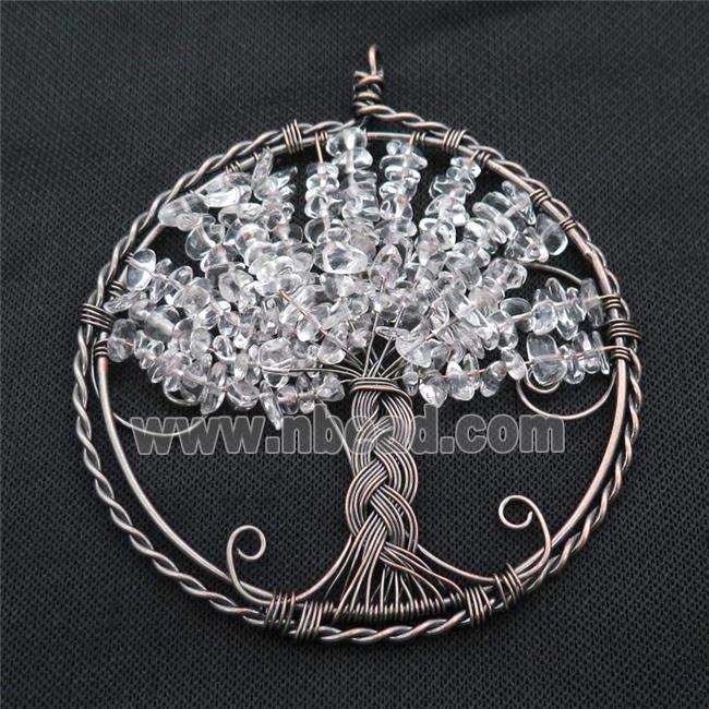 Clear Quartz Chip Tree Of Life Pendant Wire Wrapped Antique Red