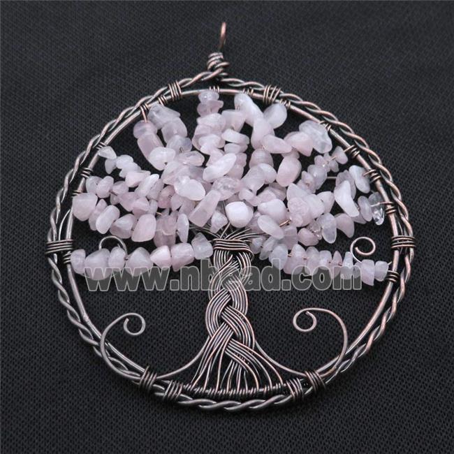 Pink Rose Quartz Chip Tree Of Life Pendant Wire Wrapped Antique Red