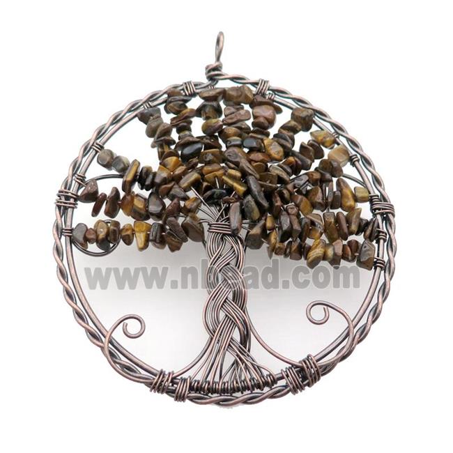 Tiger Eye Stone Chip Tree Of Life Pendant Wire Wrapped Antique Red