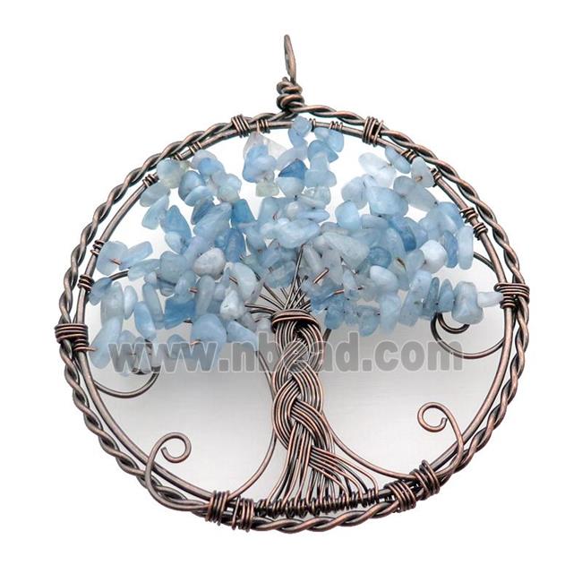 Blue Aquamarine Chip Tree Of Life Pendant Wire Wrapped Antique Red