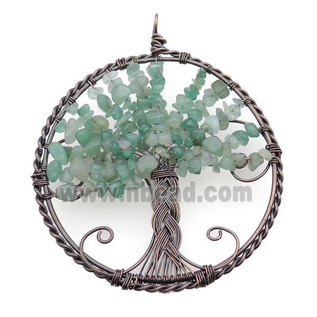 Green Aventurine Chip Tree Of Life Pendant Wire Wrapped Antique Red