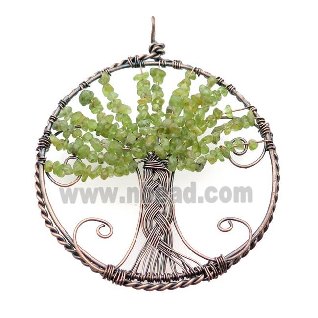 Peridot Chip Tree Of Life Pendant Wire Wrapped Antique Red