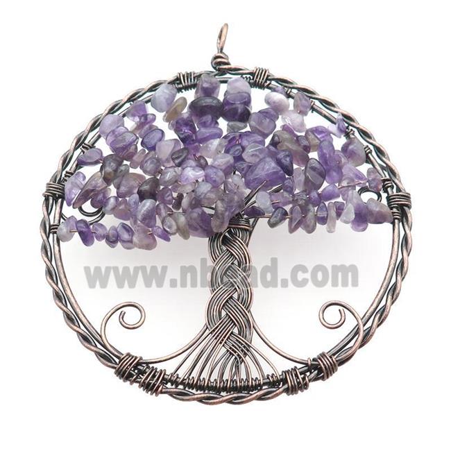 Purple Amethyst Chip Tree Of Life Pendant Wire Wrapped Antique Red