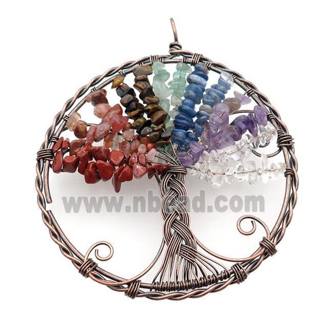 Mixed Gemstone Tree Of Life Pendant Chakra Wire Wrapped Antique Red