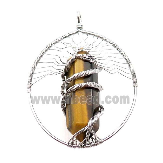 Tiger Eye Stone Tree Of Life Pendant Alloy Wire Wrapped