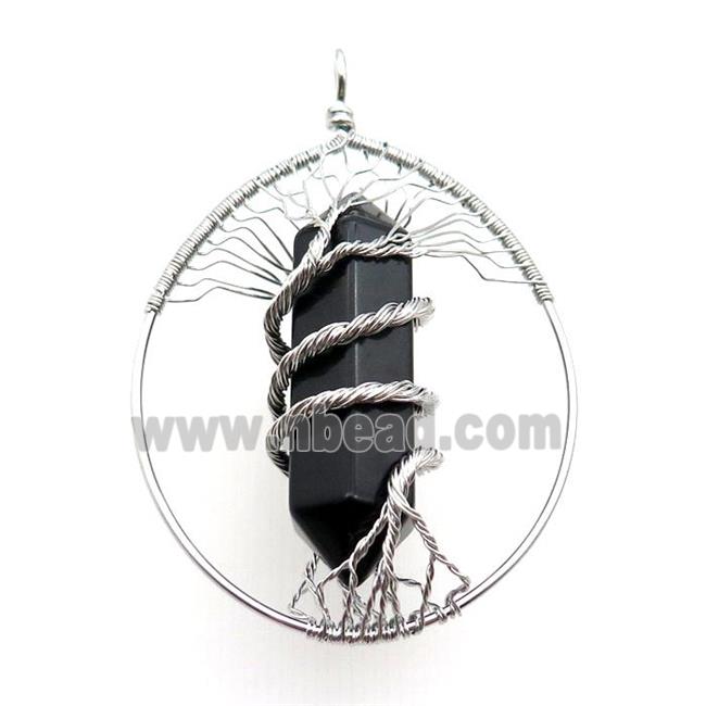 Black Onyx Agate Tree Of Life Pendant Alloy Wire Wrapped