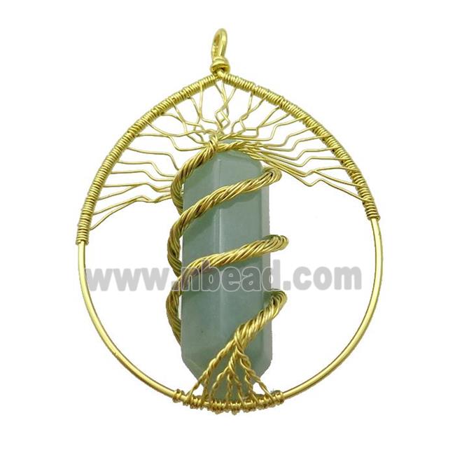 Green Aventurine Tree Of Life Pendant Alloy Wire Wrapped Gold Plated