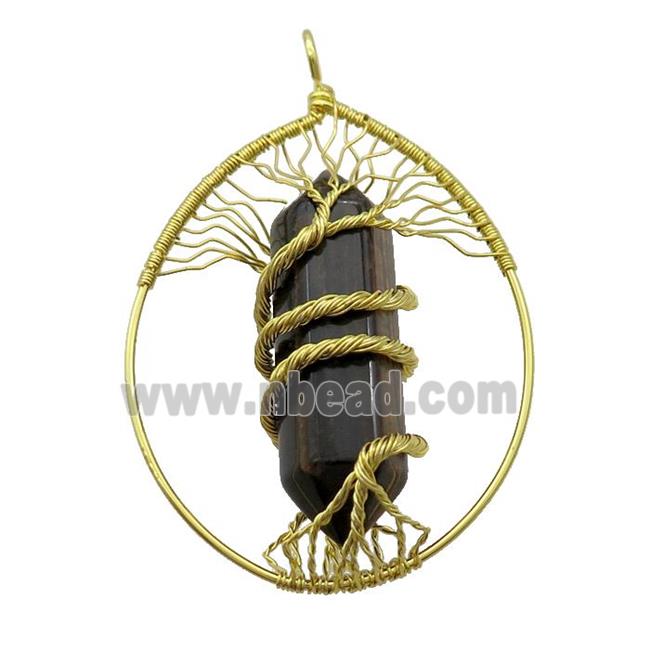 Tiger Eye Stone Tree Of Life Pendant Alloy Wire Wrapped Gold Plated