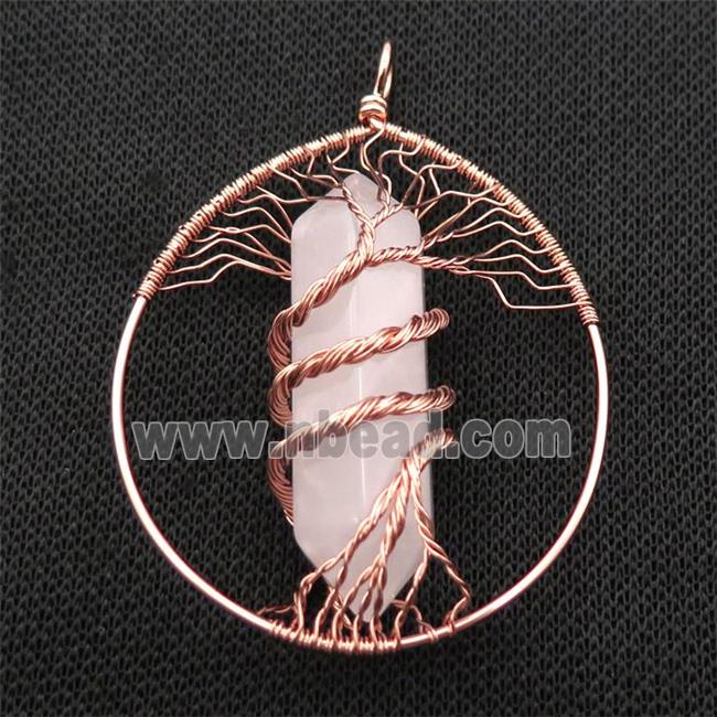 Pink Rose Quartz Tree Of Life Pendant Alloy Wire Wrapped Rose Gold