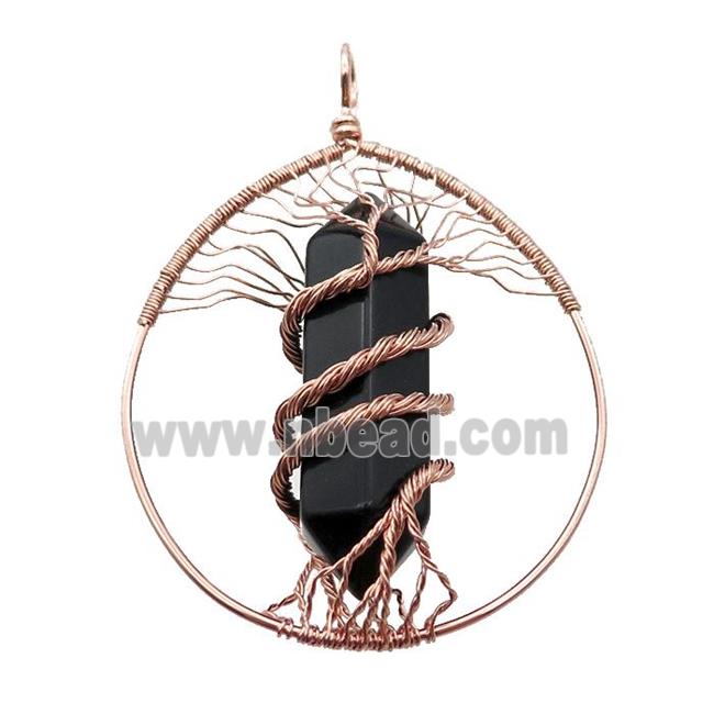Black Onyx Agate Tree Of Life Pendant Alloy Wire Wrapped Rose Gold