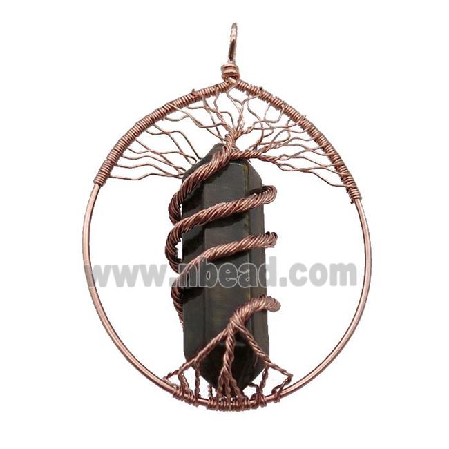 Tiger Eye Stone Tree Of Life Pendant Alloy Wire Wrapped Rose Gold