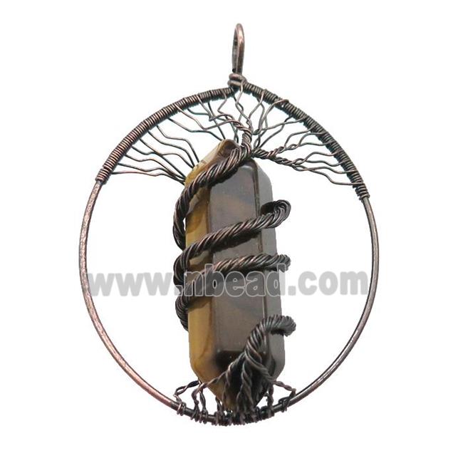 Tiger Eye Stone Tree Of Life Pendant Alloy Wire Wrapped Antique Red