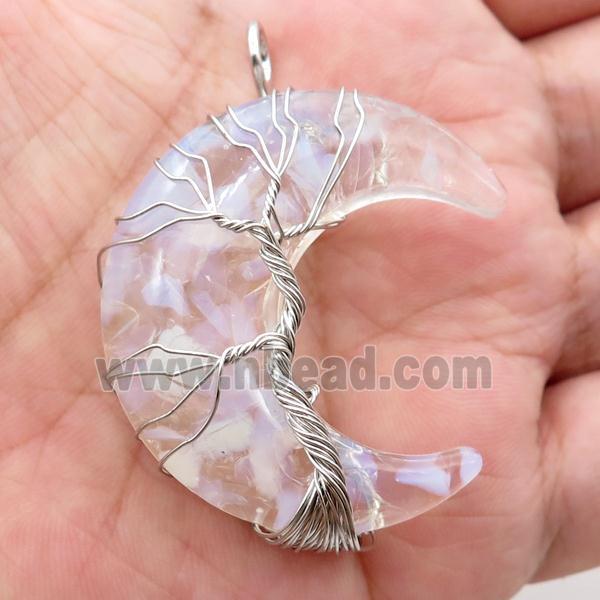Resin Moon Pendant With Opalite Chip Tree Wire Wrapped