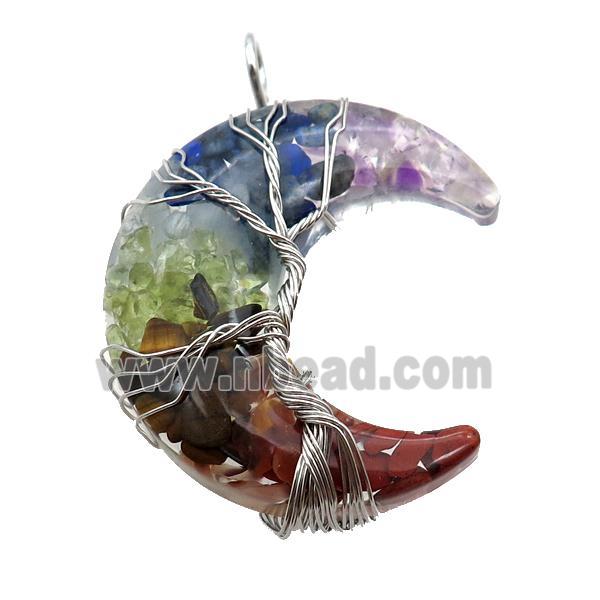 Resin Moon Pendant With Mix Gemstone Chip Tree Wire Wrapped