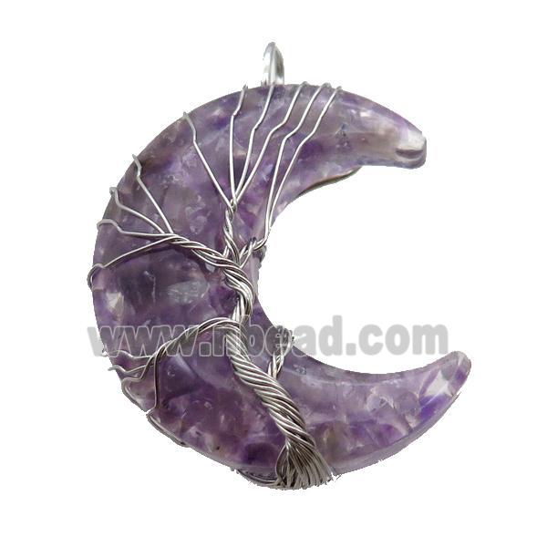Resin Moon Pendant With Amethyst Chip Tree Wire Wrapped