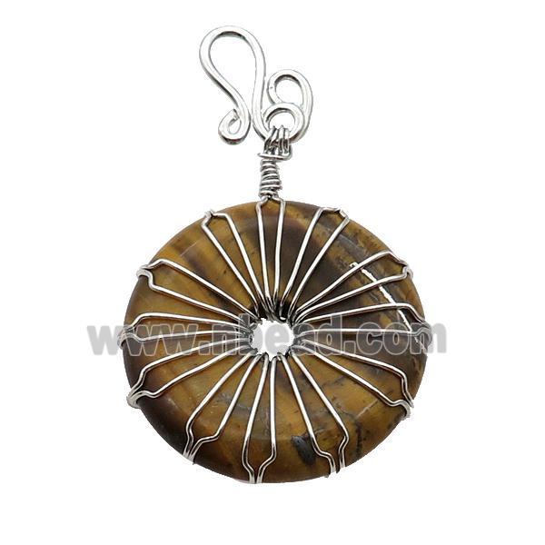 Tiger Eye Stone Donut Pendant Wire Wrapped