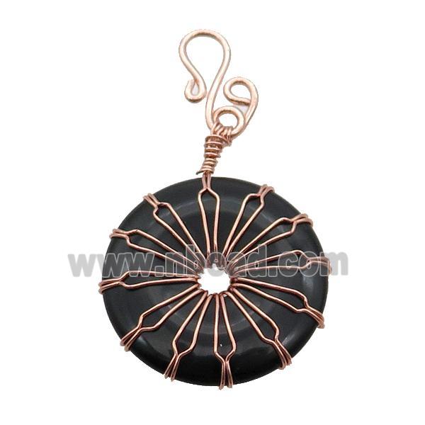 Black Onyx Agate Donut Pendant Wire Wrapped Rose Gold