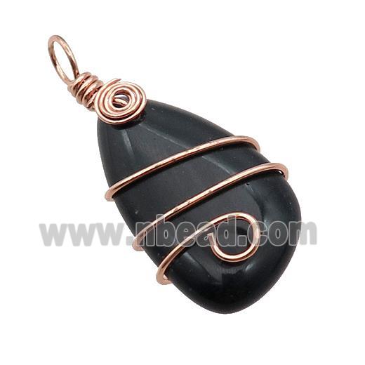 Black Onyx Agate Teardrop Pendant Wire Wrapped