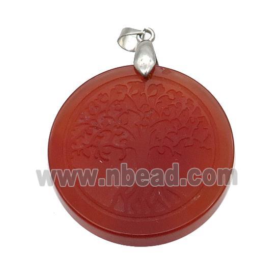 Red Carnelian Agate Circle Pendant Tree Of Life Craved