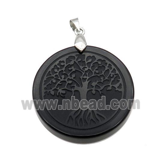 Black Onyx Agate Circle Pendant Tree Of Life Craved