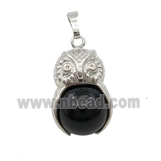 Black Onyx Agate Owl Alloy Pendant