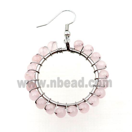Pink Rose Quartz Copper Hook Earring Wire Wrapped Platinum Plated