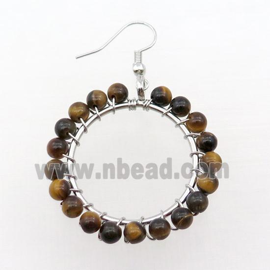 Tiger Eye Stone Copper Hook Earring Wire Wrapped Platinum Plated