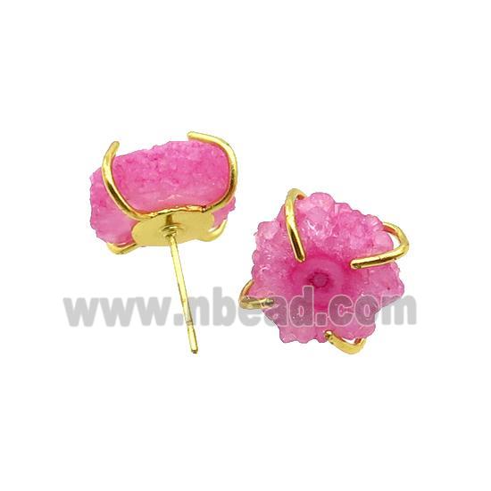 Pink Quartz Druzy Copper Stud Earring Gold Plated