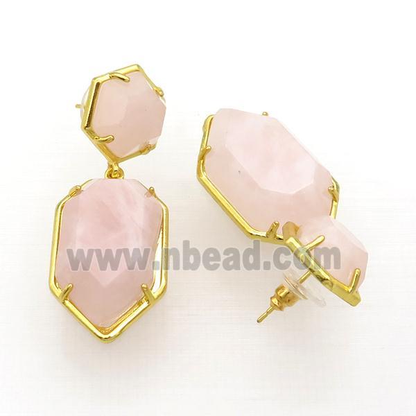 Pink Rose Quartz Copper Stud Earring Gold Plated
