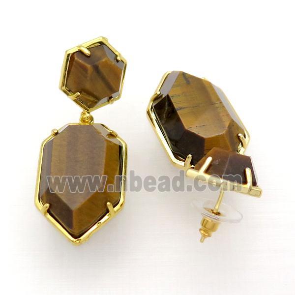 Tiger Eye Stone Copper Stud Earring Gold Plated
