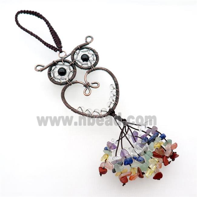 Copper Owl Pendant With Gemstone Chip Chakra Wire Wrapped Antique Red