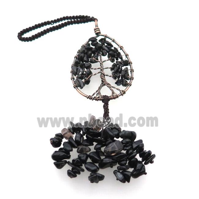 Black Obsidian Chip Pendant Tree Of Life Antique Red