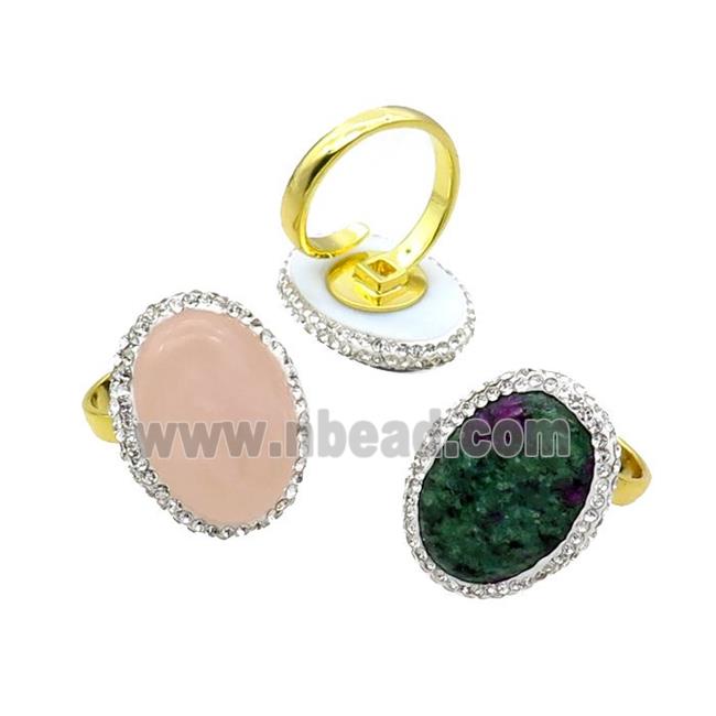 Mix Gemstone Copper Ring Pave Rhinestone Adjustable Gold Plated