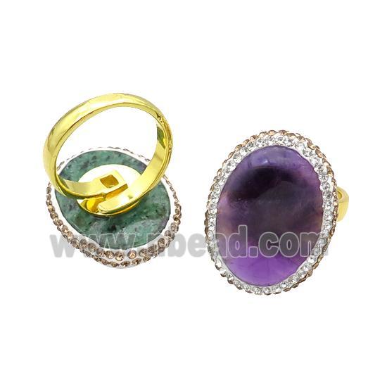 Amethyst Copper Ring Pave Rhinestone Adjustable Gold Plated